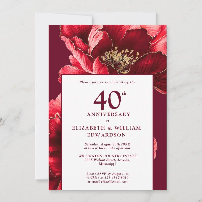 Invitación Rojo Rubí Moderno y Dorado Floral 40 Aniversario (Anverso)