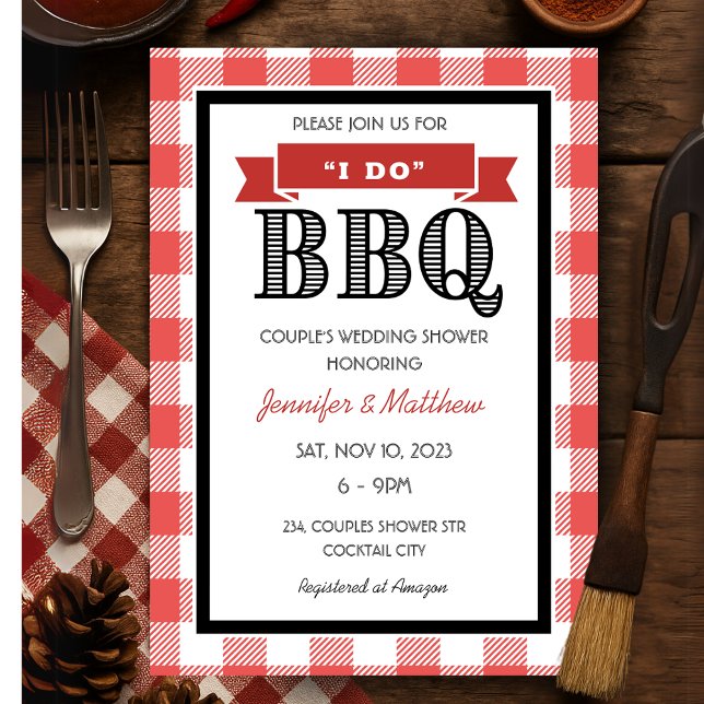 Invitación Rojo Rústico a Cuadros I Do BBQ Boda Ducha de Pare (Rustic Red Gingham I Do BBQ Wedding Couples Shower Invitation)