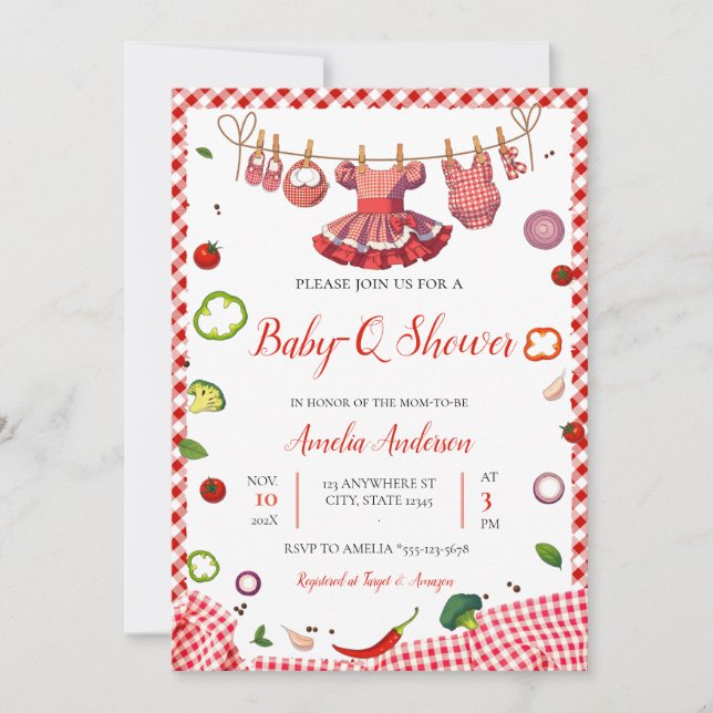 Invitación Rojo Rústico de Cuadro Vichy de Parrilla Fiesta de (Anverso)