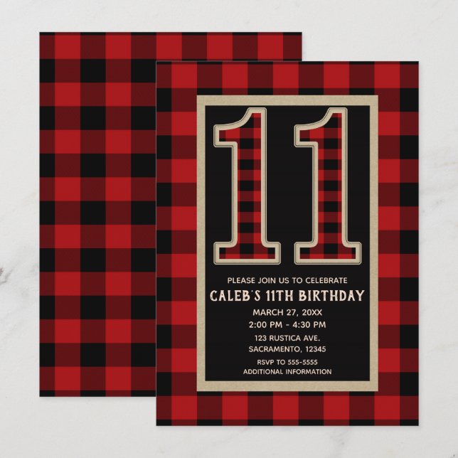 Invitación Rojo Rústico Plaid Búfalo Negro 11º 11 Cumpleaños (Anverso / Reverso)