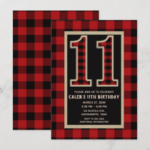 Invitación Rojo Rústico Plaid Búfalo Negro 11º 11 Cumpleaños