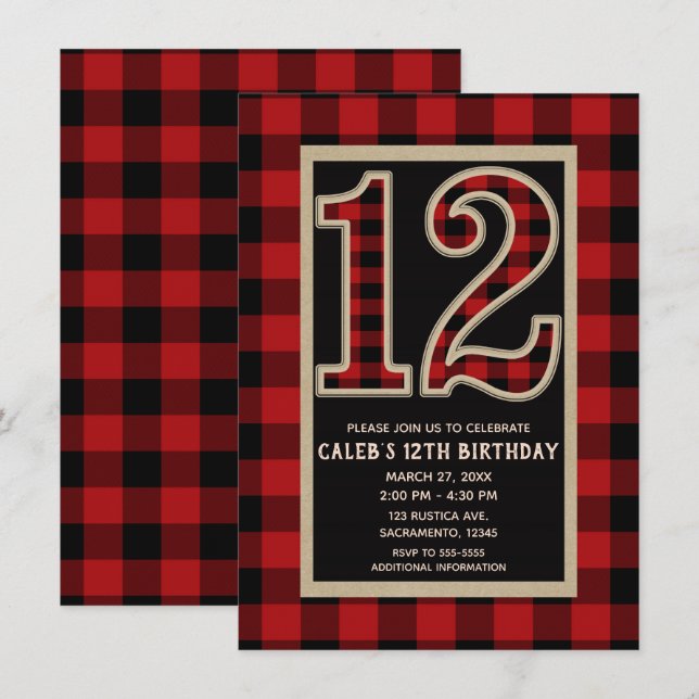 Invitación Rojo Rústico Plaid Búfalo Negro 12 Cumpleaños 12 (Anverso / Reverso)