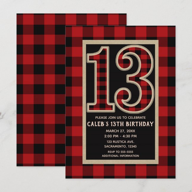 Invitación Rojo Rústico Plaid Búfalo Negro 13 Cumpleaños 13 (Anverso / Reverso)