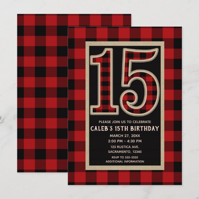 Invitación Rojo Rústico Plaid Búfalo Negro 15 Cumpleaños 15 (Anverso / Reverso)