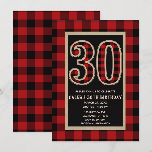 Invitación Rojo Rústico Plaid Búfalo Negro 30 Cumpleaños 30 (Anverso / Reverso)