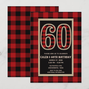 Invitación Rojo Rústico Plaid Búfalo Negro 60 Cumpleaños 60