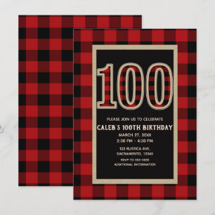 Invitación Rojo Rústico Plaid de Búfalo Negro 100 Cumpleaños 