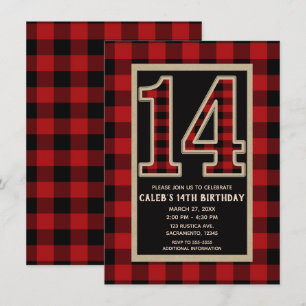 Invitación Rojo Rústico Plaid de Búfalo Negro 14º Cumpleaños