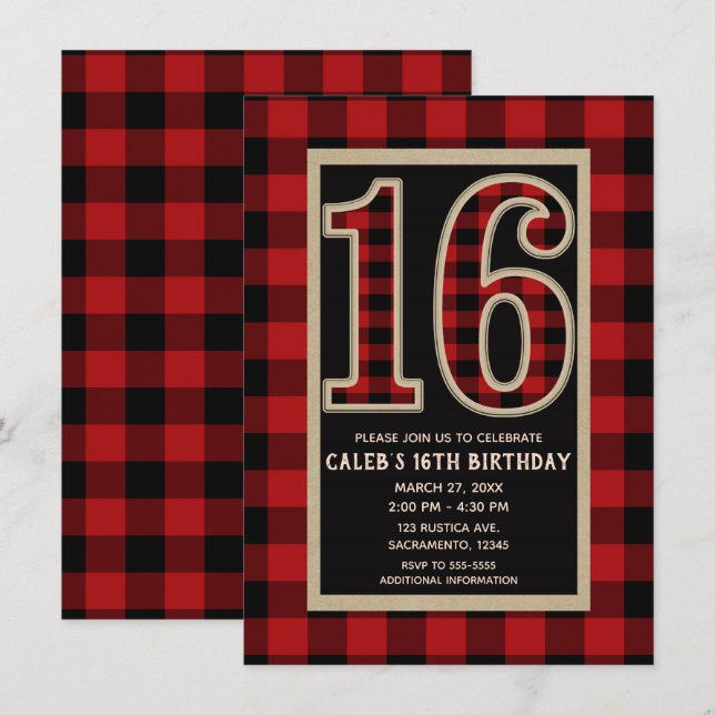 Invitación Rojo Rústico Plaid de Búfalo Negro 16 Cumpleaños 1 (Anverso / Reverso)
