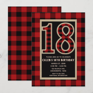Invitación Rojo Rústico Plaid de Búfalo Negro 18 Cumpleaños 1