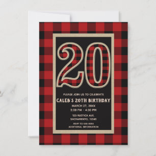 Invitación Rojo Rústico Plaid de Búfalo Negro 20º 20 Cumpleañ