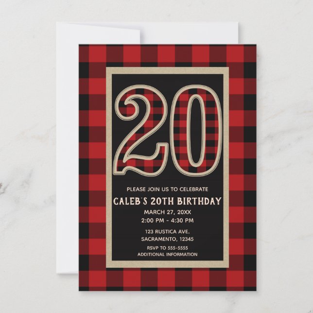 Invitación Rojo Rústico Plaid de Búfalo Negro 20º 20 Cumpleañ (Anverso)