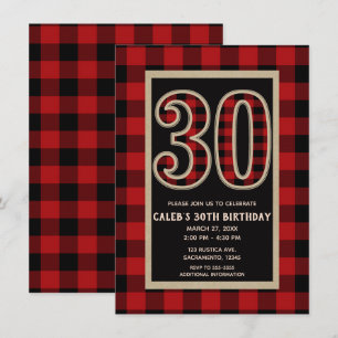 Invitación Rojo Rústico Plaid de Búfalo Negro 30º Cumpleaños