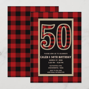 Invitación Rojo Rústico Plaid de Búfalo Negro 50º Cumpleaños 
