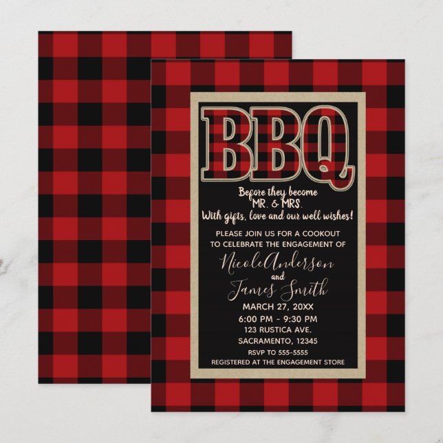 Invitación Rojo Rústico Plaid de Búfalo Negro Barbacoa BBQ (Anverso / Reverso)