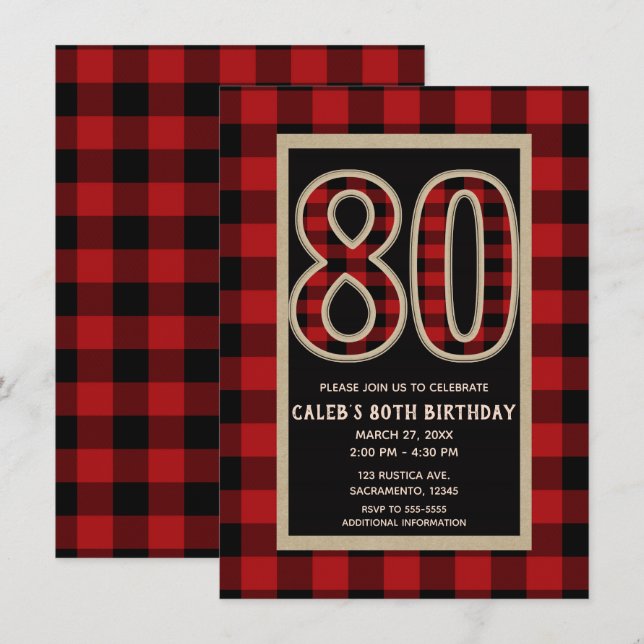 Invitación Rojo Rústico Plaid de Búfalo Negro Cumpleaños 80 8 (Anverso / Reverso)