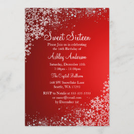 Invitación Rojo Sweet 16 Winter Wonderland Brillo Copos de Ni