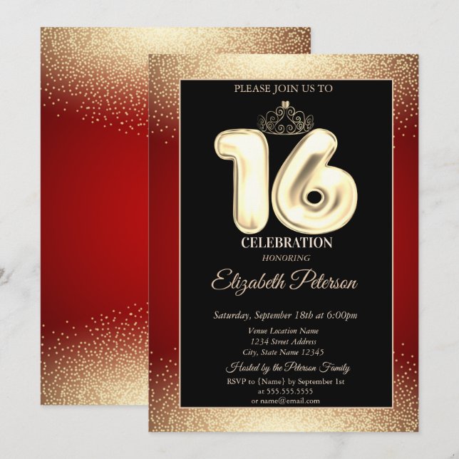 Invitación Rojo, Tiara de oro Confetti, dulce 16 Fiesta (Anverso / Reverso)