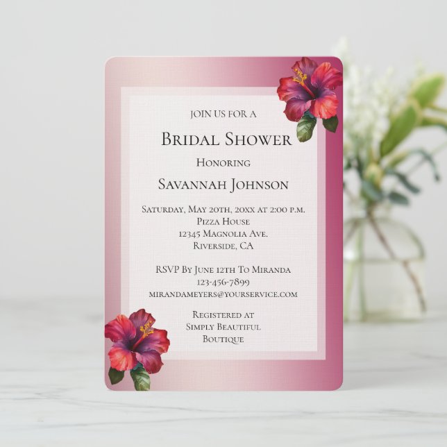 Invitación Rojo Tropical Hibiscus Floral Bridal Shower (Anverso de pie)