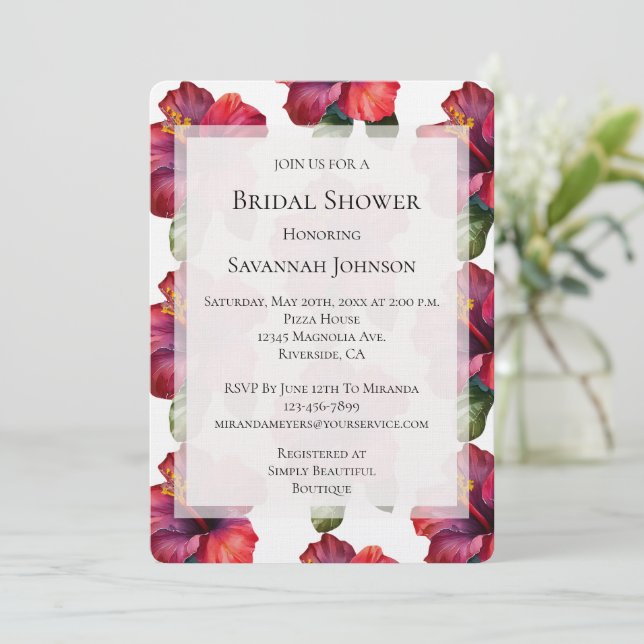 Invitación Rojo Tropical Hibiscus Floral Bridal Shower (Anverso de pie)