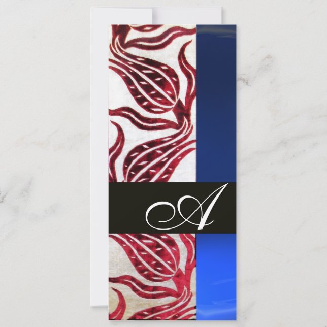 Invitación ROJO VELVET DAMASK TULIPS MONOGRAM Azul borgoña (Anverso)