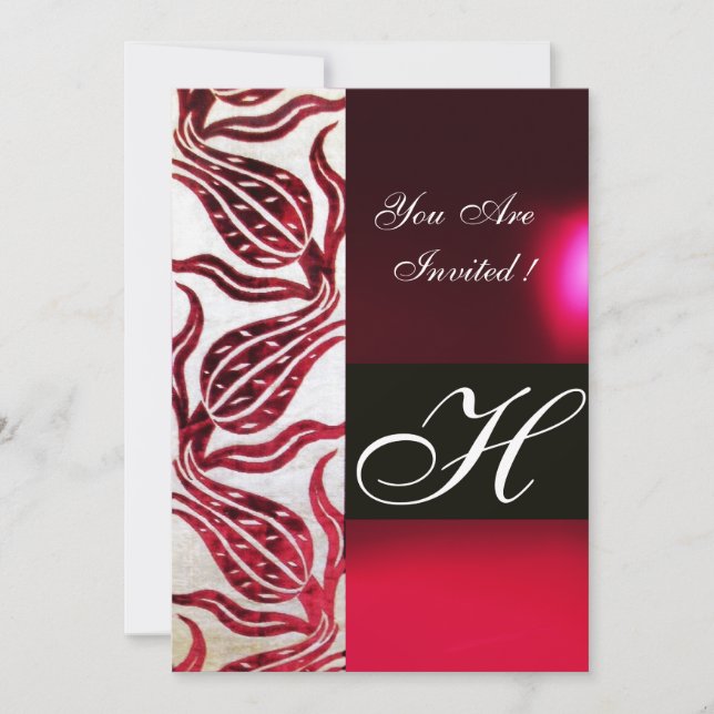 Invitación ROJO VELVET DAMASK TULIPS MONOGRAM Borgoña Blanco (Anverso)