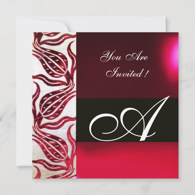 Invitación ROJO VELVET DAMASK TULIPS MONOGRAM Borgoña Blanco (Anverso)