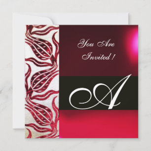 Invitación ROJO VELVET DAMASK TULIPS MONOGRAM Borgoña Blanco