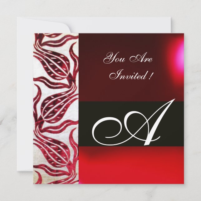 Invitación ROJO VELVET DAMASK TULIPS MONOGRAM Borgoña Blanco (Anverso)