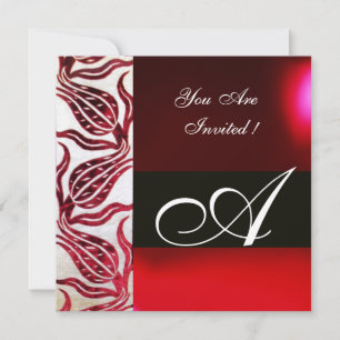 Invitación ROJO VELVET DAMASK TULIPS MONOGRAM Borgoña Blanco