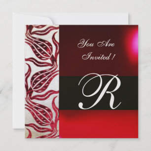 Invitación ROJO VELVET DAMASK TULIPS MONOGRAM Borgoña Blanco