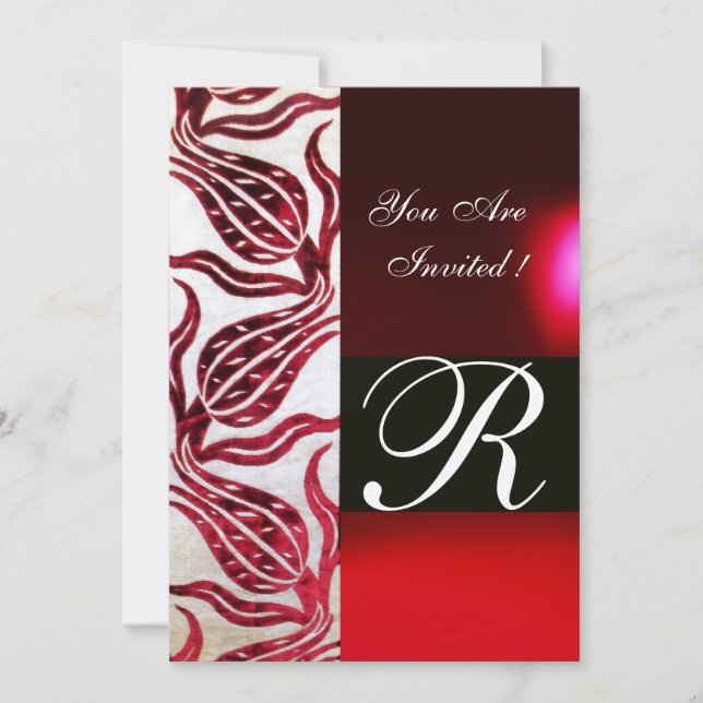 Invitación ROJO VELVET DAMASK TULIPS MONOGRAM Burgundy Gold (Anverso)