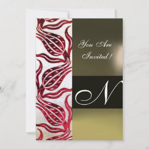 Invitación ROJO VELVET DAMASK TULIPS MONOGRAM Burgundy Gold