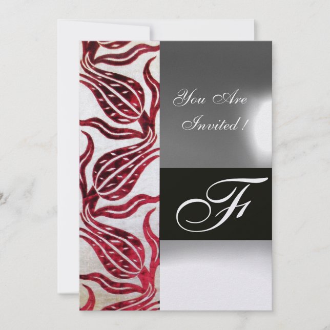 Invitación ROJO VELVET TULIP MONOGRAM Hielo blanco de Borgoña (Anverso)