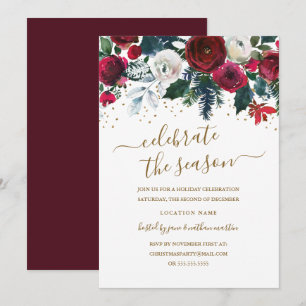 Invitación Rojo Verde Dorado Burdeos Floral Fiesta de Navidad