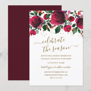 Invitación Rojo Verde Dorado Floral Burgundy Fiesta de Navida