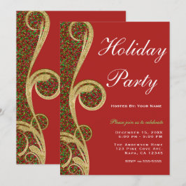 Invitación Rojo Verde Dorado Remolino Fiesta Navideña