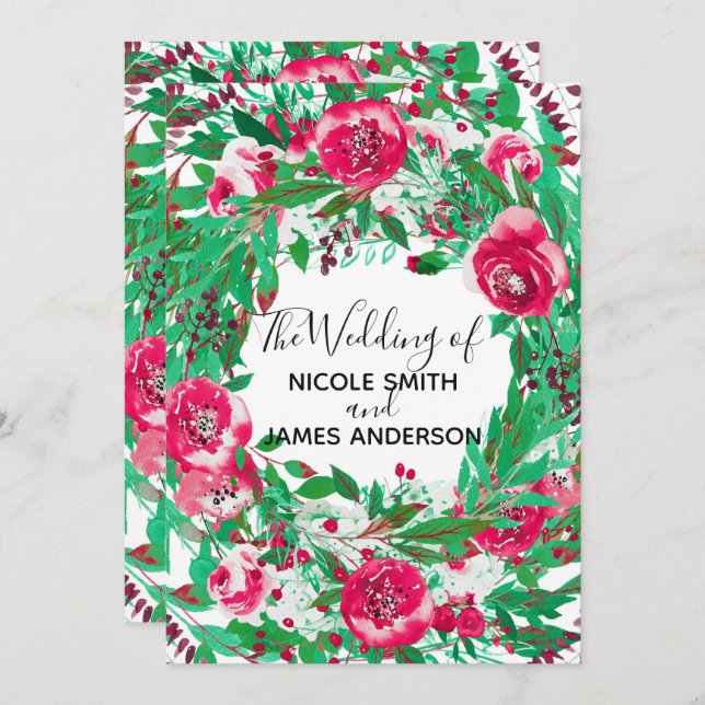 Invitación Rojo Verde Fiesta de Navidad Floral Flores Boda (Anverso / Reverso)