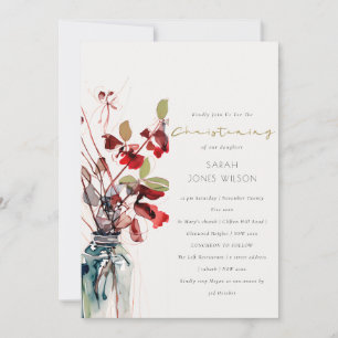Invitación Rojo Verde Florales Vintage Boho Bautizo