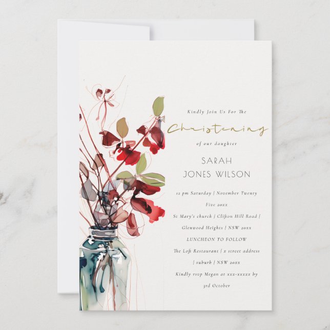 Invitación Rojo Verde Florales Vintage Boho Bautizo (Anverso)