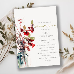 Invitación Rojo Verde Florales Vintage Boho Bautizo