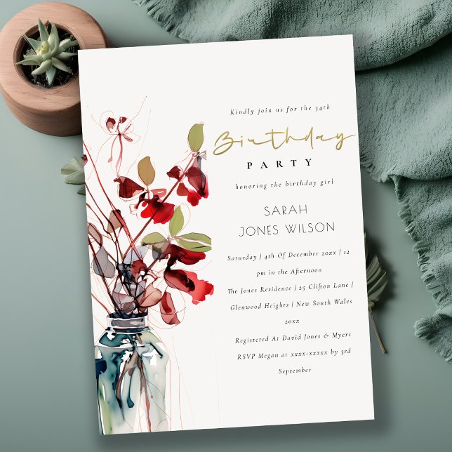 Invitación Rojo Verde Florales Vintage Boho Cumpleaños (Subido por el creador)