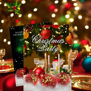 Invitación Rojo Verde Oro Adornos de Acebo Fiesta de Navidad