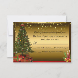 Invitación Rojo Verde oro Árbol de Navidad Xmas Fiesta RSVP