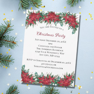 Invitación Rojo Verde Poinsettia Fiesta Navideña Holiday Navi