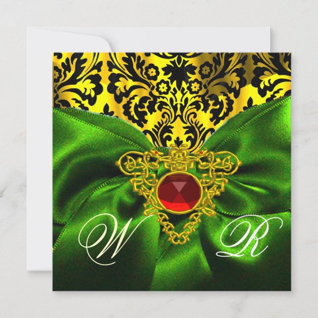 INVITACIÓN ROJO VERDE RIBBON ORO CELTIC HEART DAMASK MONOGRAM (Anverso)