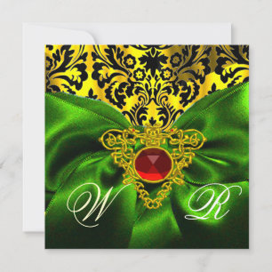 INVITACIÓN ROJO VERDE RIBBON ORO CELTIC HEART DAMASK MONOGRAM