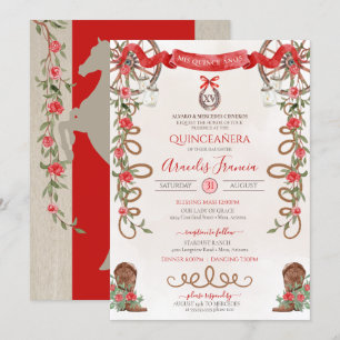 Invitación Rojo Verde Rústico Boho Western Charra Quinceañera