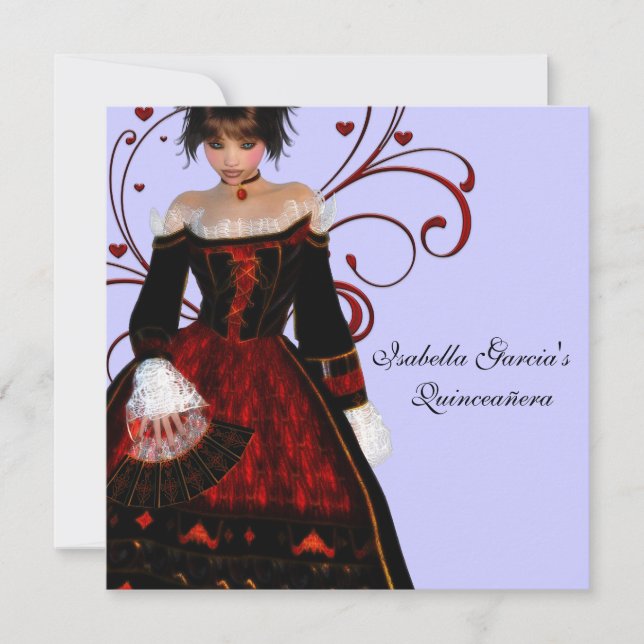 Invitación Rojo Vestido Corazón Swirls Púrpura Quinceanera (Anverso)
