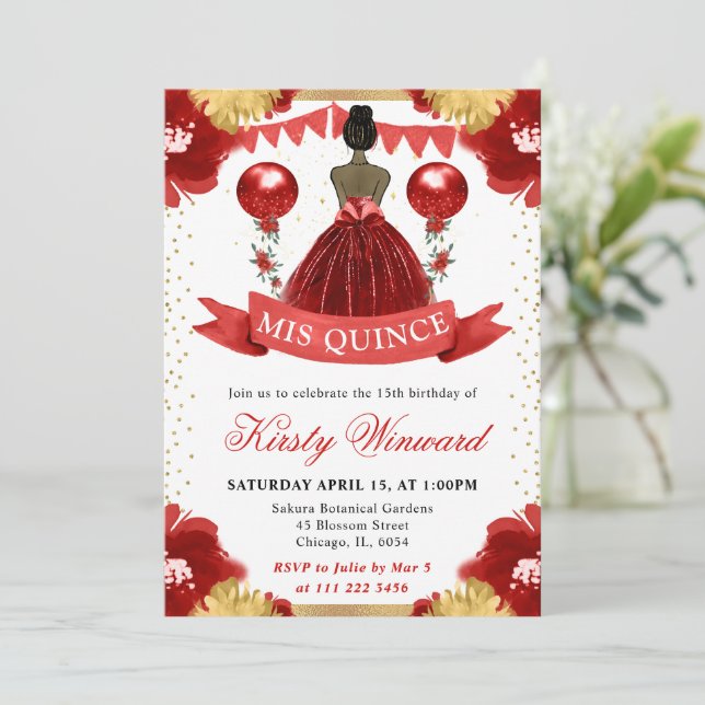 Invitación Rojo Vestido Oscuro Princesa Quinceanera (Anverso de pie)